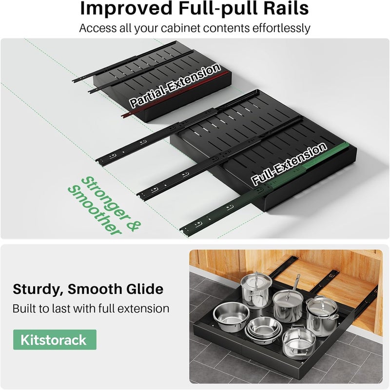 Kitstorack 2 Pack Pull out Cabinet Organizer, Expandable(12"-20") Heavy Duty Slide out Drawer Fixed with Adhesive Nano Film for Pots, Roll out Shelf Storage for Kitchen Organization, Pantry, Bathroom(Black) - Image 3