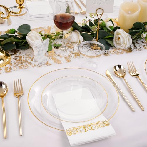LUODA MirthMood 210Pcs Clear and Gold Plates for 30 Guests, Plastic Plates for Party, Includes:30 Dinner, 30 Dessert, 30 Paper Towels with 90 Silverware & 30 Cups - Image 4