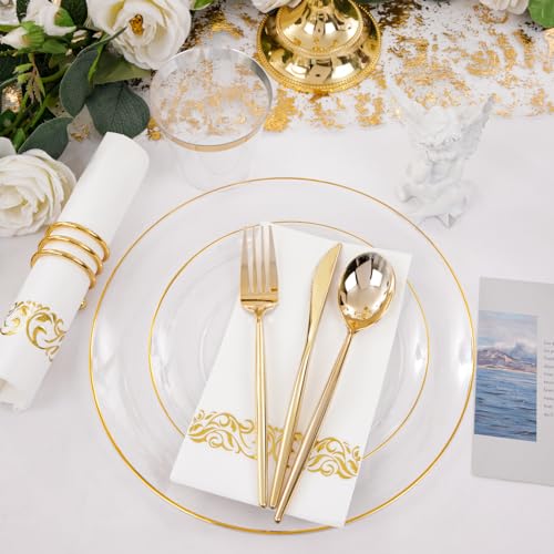 LUODA MirthMood 210Pcs Clear and Gold Plates for 30 Guests, Plastic Plates for Party, Includes:30 Dinner, 30 Dessert, 30 Paper Towels with 90 Silverware & 30 Cups - Image 5