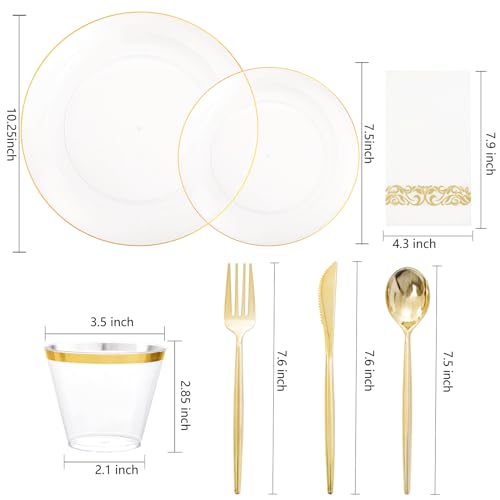 LUODA MirthMood 210Pcs Clear and Gold Plates for 30 Guests, Plastic Plates for Party, Includes:30 Dinner, 30 Dessert, 30 Paper Towels with 90 Silverware & 30 Cups - Image 2