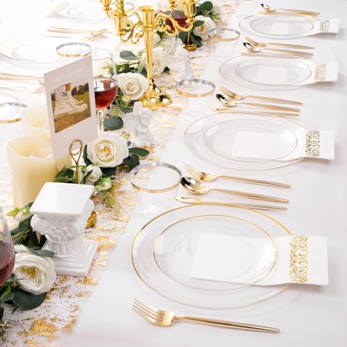 LUODA MirthMood 210Pcs Clear and Gold Plates for 30 Guests, Plastic Plates for Party, Includes:30 Dinner, 30 Dessert, 30 Paper Towels with 90 Silverware & 30 Cups - Image 3