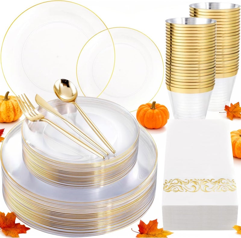 LUODA MirthMood 210Pcs Clear and Gold Plates for 30 Guests, Plastic Plates for Party, Includes:30 Dinner, 30 Dessert, 30 Paper Towels with 90 Silverware & 30 Cups - Image 1