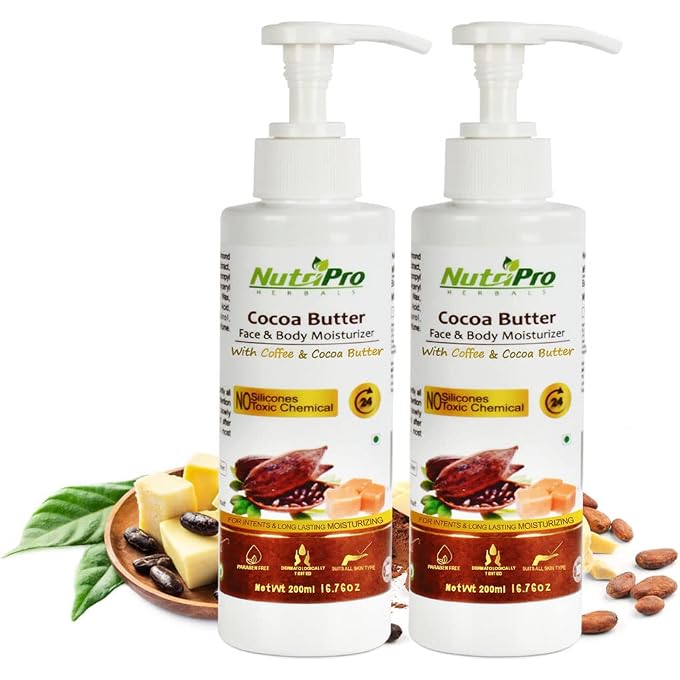 NutriPro Cocoa Butter Face & Body Moisturizer | With Cocoa Butter & Coffee | Non-Sticky Body Lotion for Women & Men| For Intense & Long Lasting |No Silicones Paraben Free (400ml) (Pack of 2)