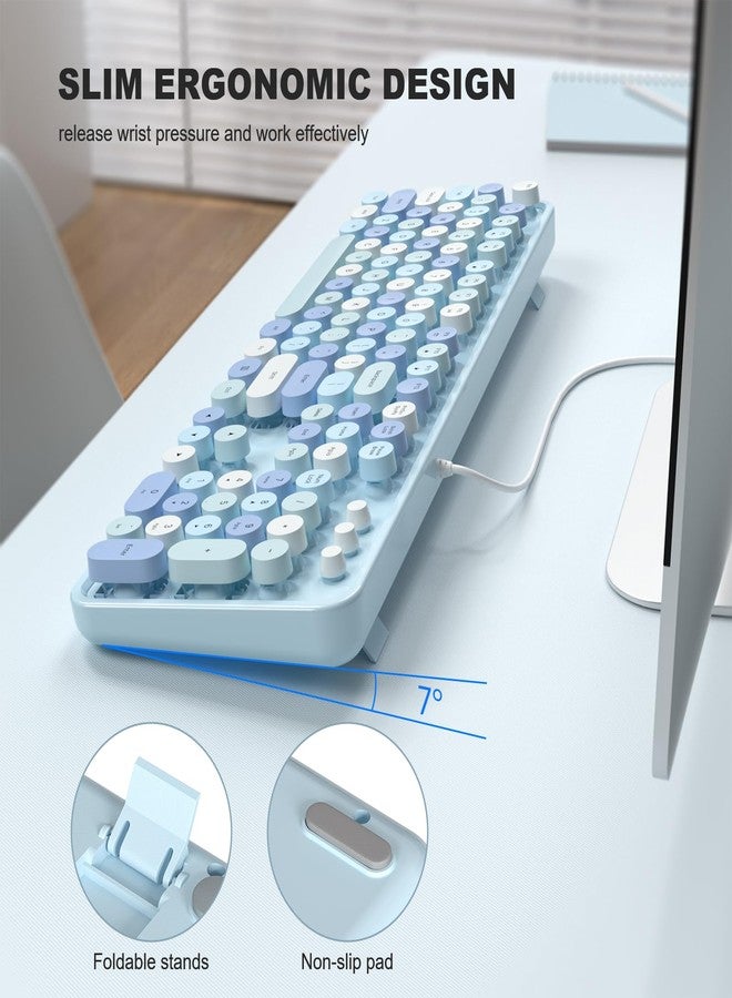 MOFII Computer Keyboards Wired, Plug Play USB Full Size Typewriter Keyboard, Cute Colorful Aesthetic Keyboard with Foldable Stands for Windows PC Laptop (Blue Colorful) - Image 3