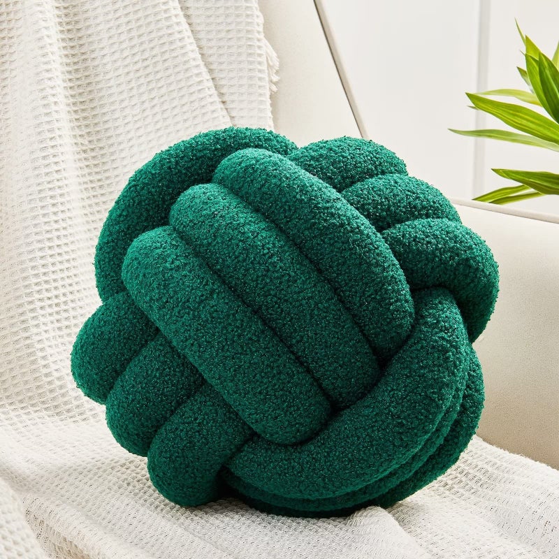 Uvvyui Knot Pillow Ball Soft Home Decorative Pillows Round Throw Pillow Handmade Knotted Plush Pillow Round Boucle Pillow Cushion 11 Inches Dark Green