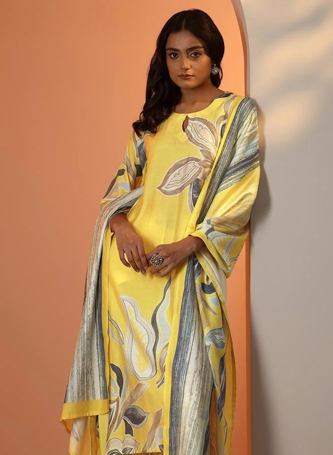 Libas Yellow Printed Silk Blend Straight Kurta, Trousers And Dupatta Set
