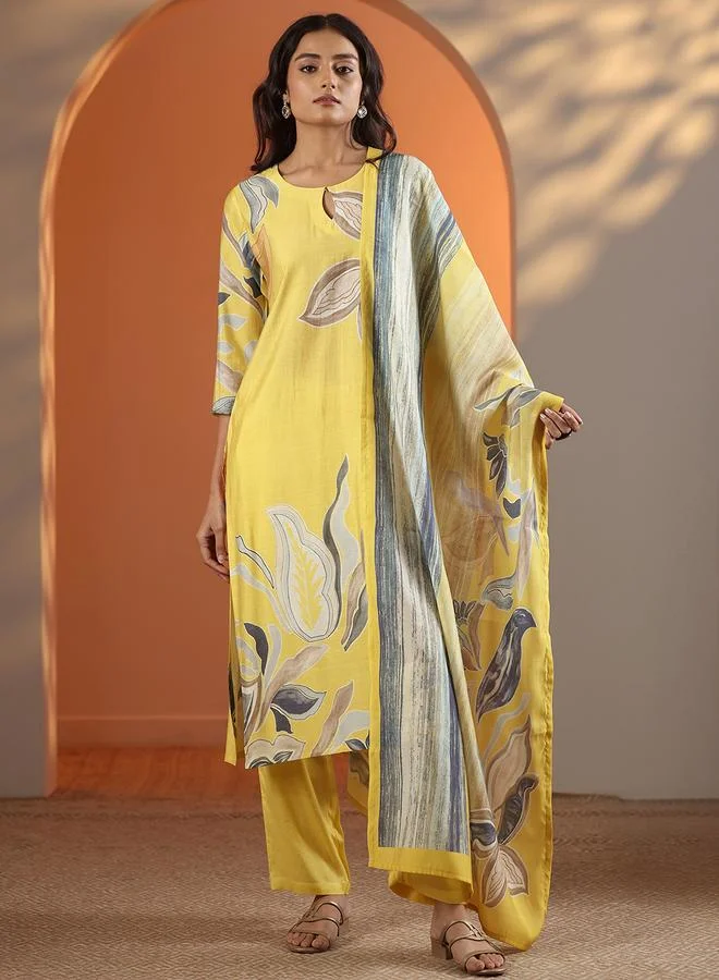 Libas Yellow Printed Silk Blend Straight Kurta, Trousers And Dupatta Set