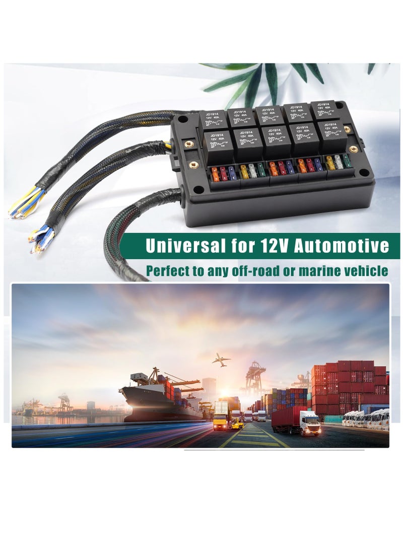 Excefore - 15 Slots Fuse Relay Box 12V Automotive, Fuse Relay Block Pre-Wired, 10 Way Relay Panel, Universal Waterproof Relay Box ATC/ATO Fuse Holder, Fuse Block and Relay Kit for Auto Car Truck Marine Boat - Image 1