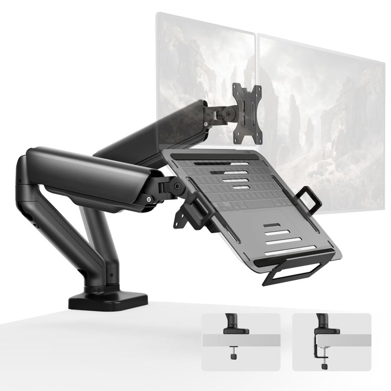 monTEK Laptop Arm Mount for Desk for Max 32â€ Screen and 18â€ Notebook, Dual Monitor Stand with Adjustable Laptop Holder, Holds up to 19.8 lbs, Full Motion Arm with Clamp/Grommet Base, 75/100 VESA Mount - Image 1