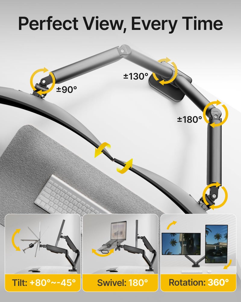 monTEK Laptop Arm Mount for Desk for Max 32â€ Screen and 18â€ Notebook, Dual Monitor Stand with Adjustable Laptop Holder, Holds up to 19.8 lbs, Full Motion Arm with Clamp/Grommet Base, 75/100 VESA Mount - Image 5