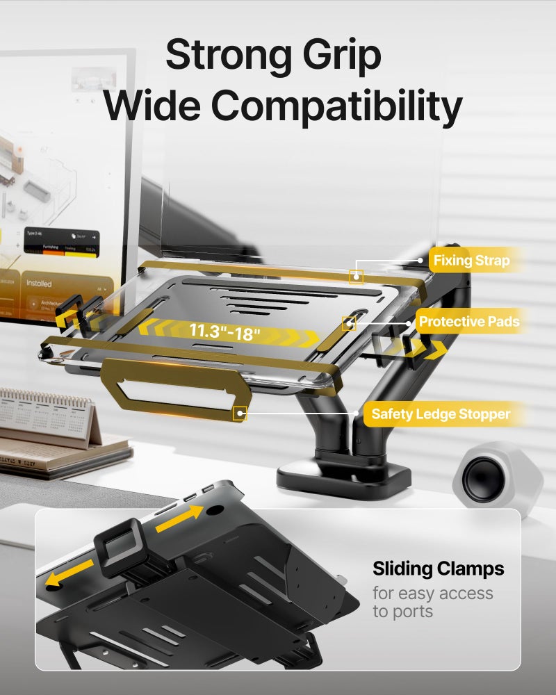 monTEK Laptop Arm Mount for Desk for Max 32â€ Screen and 18â€ Notebook, Dual Monitor Stand with Adjustable Laptop Holder, Holds up to 19.8 lbs, Full Motion Arm with Clamp/Grommet Base, 75/100 VESA Mount - Image 4
