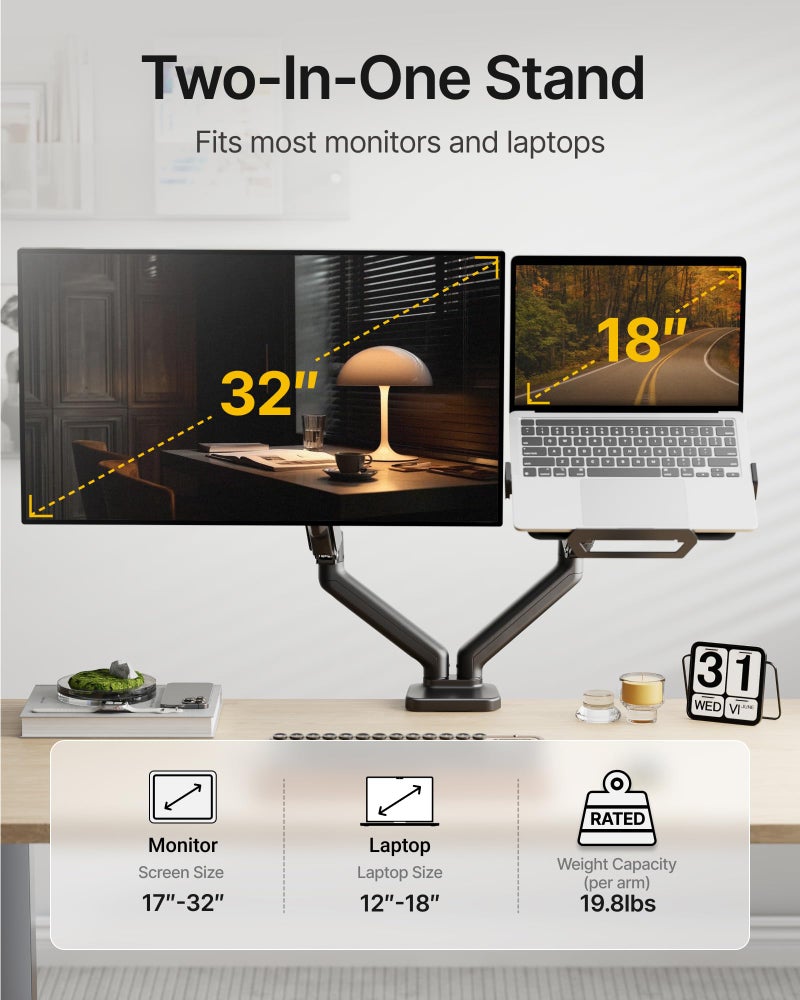 monTEK Laptop Arm Mount for Desk for Max 32â€ Screen and 18â€ Notebook, Dual Monitor Stand with Adjustable Laptop Holder, Holds up to 19.8 lbs, Full Motion Arm with Clamp/Grommet Base, 75/100 VESA Mount - Image 2