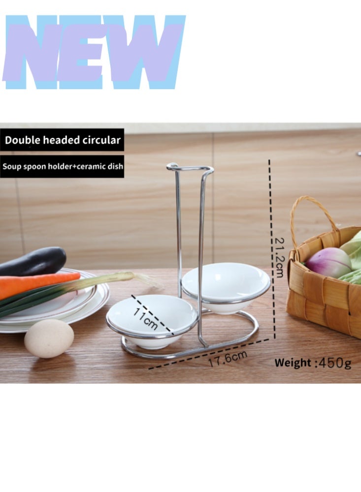 2pcs Double-Ended Soup Spoon Holder Vertical Stainless Steel Soup Spoon Rack Vertical Storage Soup Spoon Holder Cooking Utensil Stand Tray Cutlery Rack [Stainless Steel + 2 Round Ceramic Dishes] - Image 1
