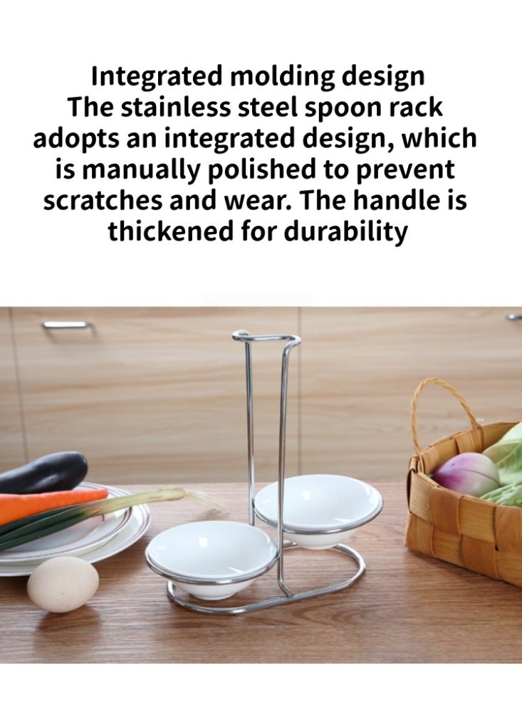2pcs Double-Ended Soup Spoon Holder Vertical Stainless Steel Soup Spoon Rack Vertical Storage Soup Spoon Holder Cooking Utensil Stand Tray Cutlery Rack [Stainless Steel + 2 Round Ceramic Dishes] - Image 5