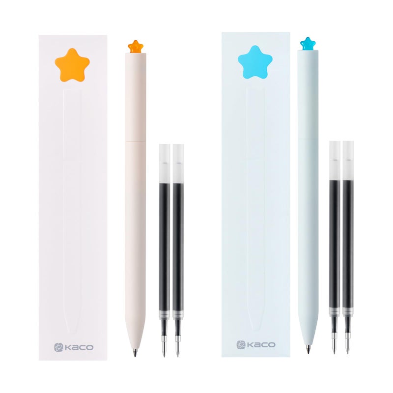 Kaco FIRST Gel Pens Cute Stationery Black Ink 2 Pieces with Extra 4 Refills, 0.5 mm Fine Point, Aesthetic Cute Star Pens for Journaling - Image 1