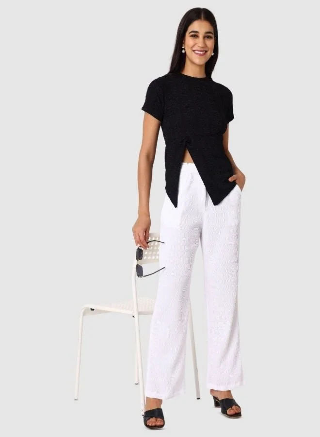 Freehand  Women Regular Fit Textured Crew Neck Short Sleeve Knotted Top  | Best Price UAE