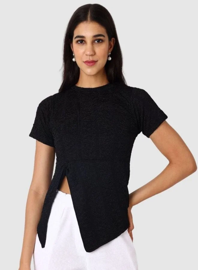 Freehand  Women Regular Fit Textured Crew Neck Short Sleeve Knotted Top  | Best Price UAE