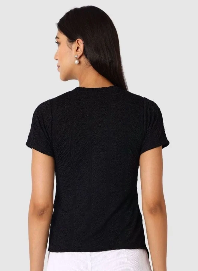 Freehand  Women Regular Fit Textured Crew Neck Short Sleeve Knotted Top  | Best Price UAE