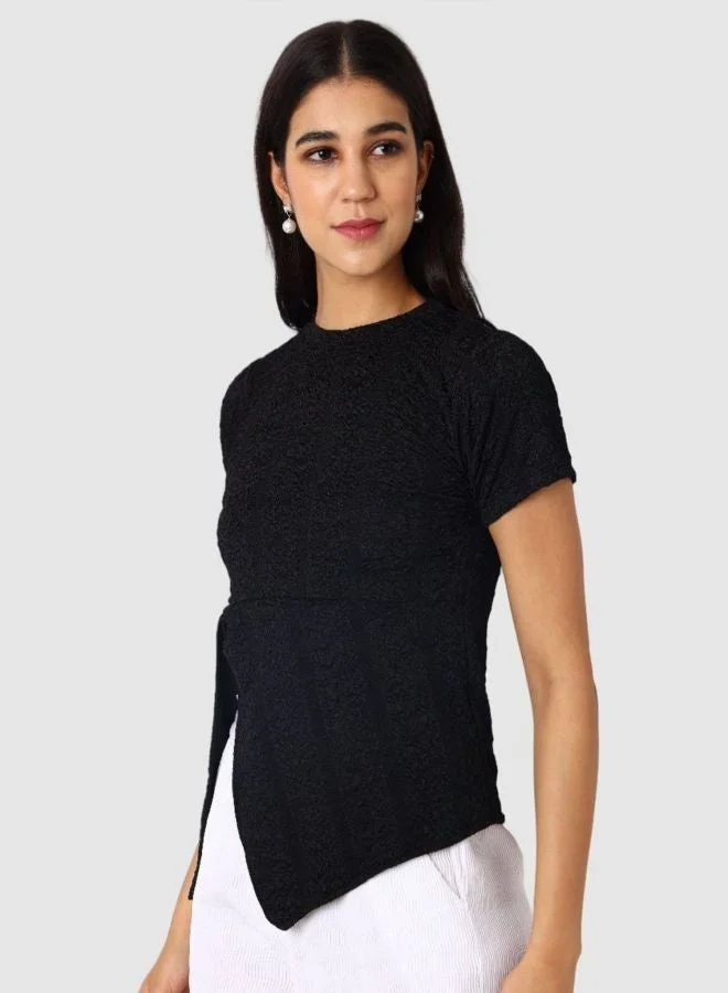 Women Regular Fit Textured Crew Neck Short Sleeve Knotted Top