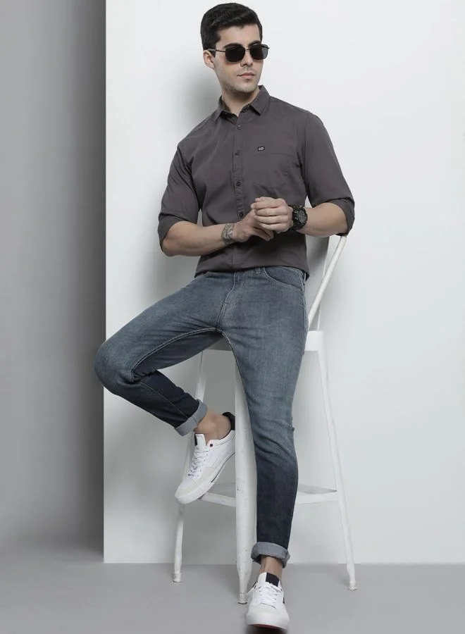 شركة المرآب الهندية Men Slim Fit Solid Full Sleeves Spread Collar Casual Shirt