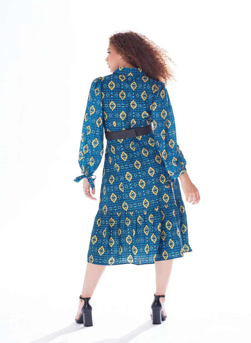 Liquorish African Print Midi Dress Blue & Yellow