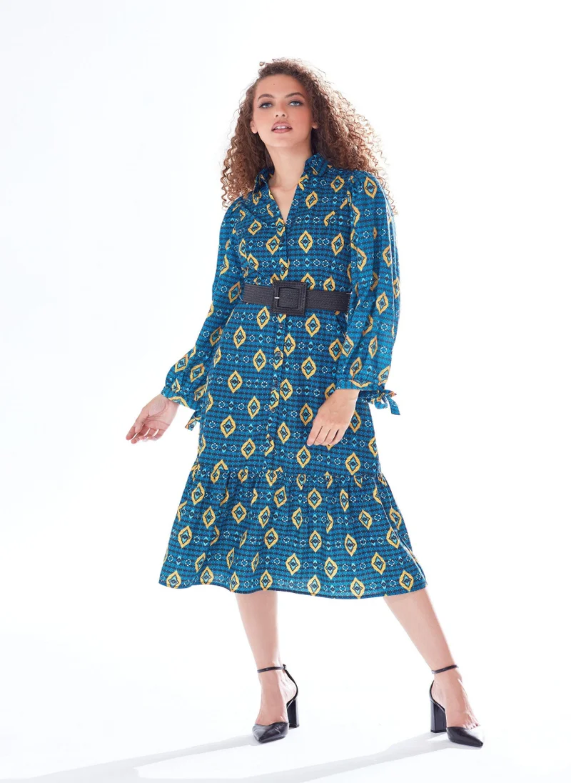 Liquorish African Print Midi Dress Blue & Yellow