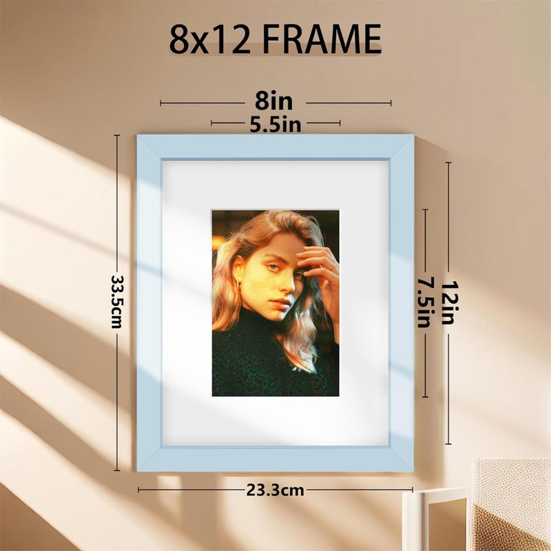 Picrit 8x12 Picture Frame Set of 12  Display 6x8 with Mat or 8x12 Without Mat  Photo Frames for Wall Mounting or Table Top Display  Blue. - Image 2