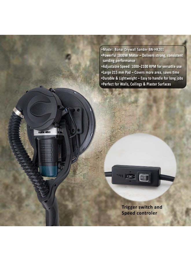 BONAI 1800W Drywall Sander with Telescopic Handle, Variable Speed, Dust Extraction System, LED Light, Wall Ceiling Electric Sander for Plaster and Paint Finishing – Model BN-HK201 - Image 3