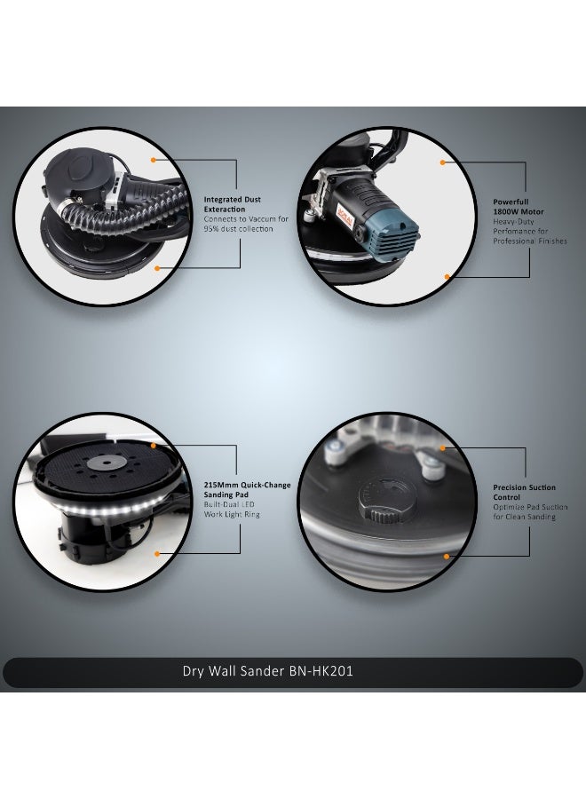 BONAI 1800W Drywall Sander with Telescopic Handle, Variable Speed, Dust Extraction System, LED Light, Wall Ceiling Electric Sander for Plaster and Paint Finishing – Model BN-HK201 - Image 4