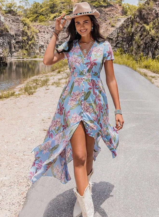 Take Two Take Two Floral Printed V-Neck Short Sleeve Dress