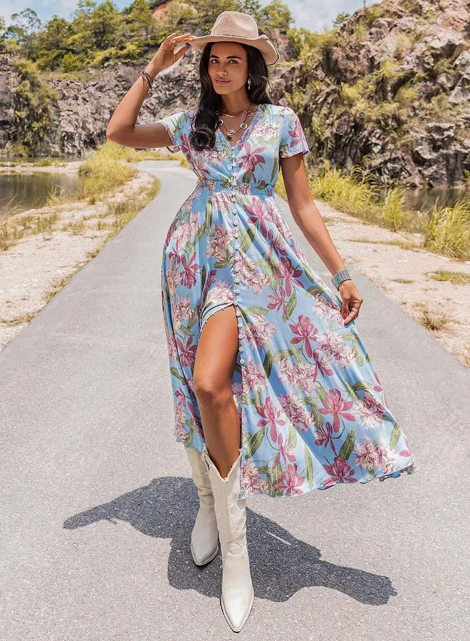 Take Two Take Two Floral Printed V-Neck Short Sleeve Dress