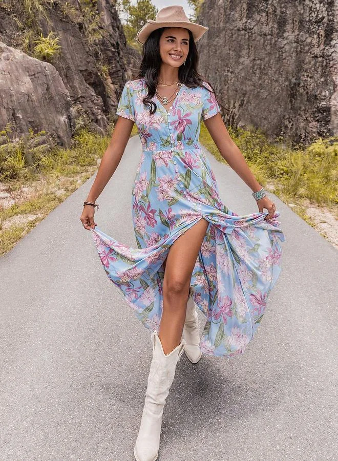 Take Two Take Two Floral Printed V-Neck Short Sleeve Dress