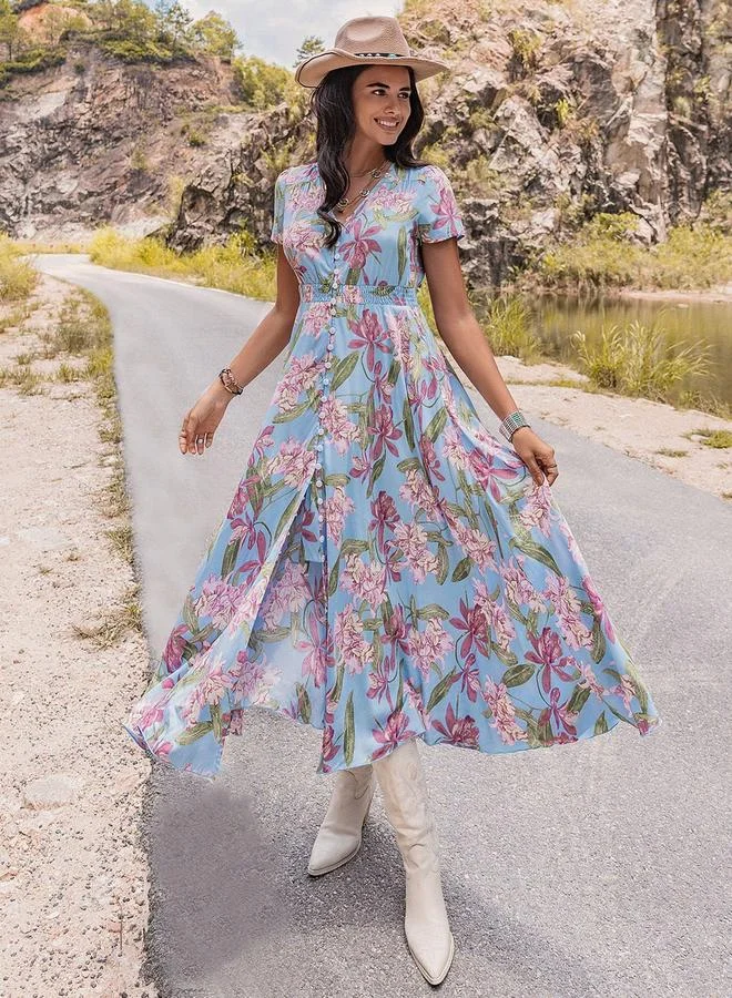 Take Two Take Two Floral Printed V-Neck Short Sleeve Dress