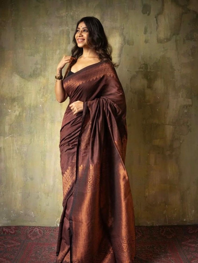 Vivatra Women Banarasi Soft Silk Saree | Jacquard Weaving with Rich Pallu & Border | Includ Matching Utitched Blouse Piece (VT-KP-6012-Coffee) - Image 3