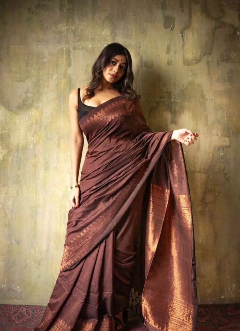 Vivatra Women Banarasi Soft Silk Saree | Jacquard Weaving with Rich Pallu & Border | Includ Matching Utitched Blouse Piece (VT-KP-6012-Coffee) - Image 2