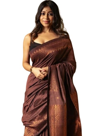 Vivatra Women Banarasi Soft Silk Saree | Jacquard Weaving with Rich Pallu & Border | Includ Matching Utitched Blouse Piece (VT-KP-6012-Coffee) - Image 1