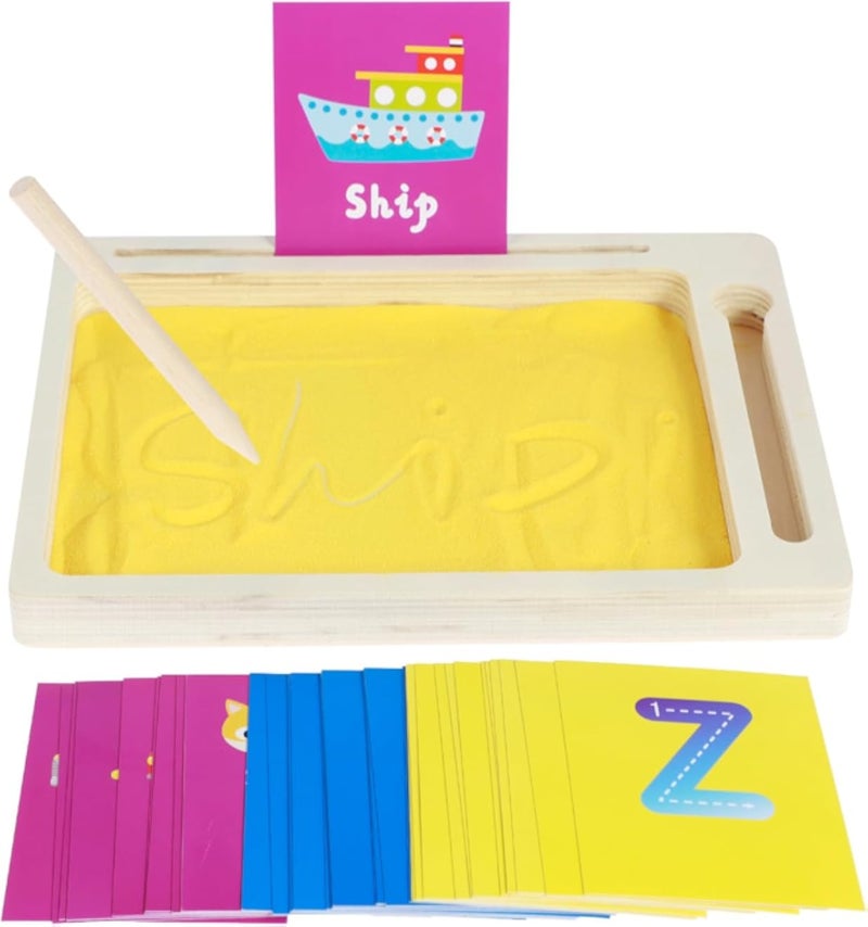 Montessori Sand Tray Toys Wooden Sand Scraping Box for Writing Letters and Numbers, Sand Tray Educational Toys Wooden Sand Drawing Tray with Wooden Pen Sand Cards for Children Over 3 Years Old