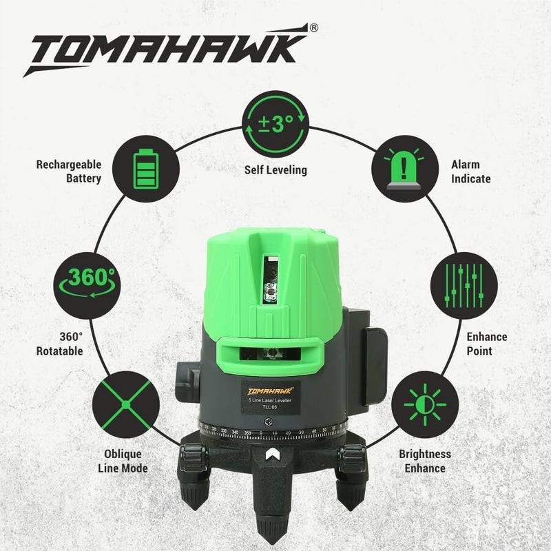 Tomahawk Professtional TLL-B-05-N 5 Lines 3D Horizontal and vertical green laser cross self leveling laser level - Waterproof and Rechargeable - Image 4