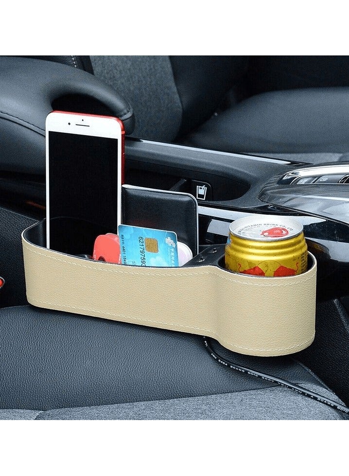 Multifunction Car Seat Pocket Phone Mount Organizer , Car Cup Holder Expander with PU Leather Cover Beige & Black 1 PC - Image 1