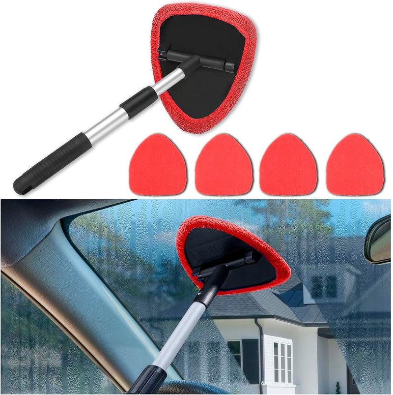 Couslcd Windshield Cleaner Tool - Portable Car Interior Window Cleaning Kit with Extendable Handle, 4 Microfiber Towel Pads, Auto Glass Wiper for Windshield, Universal for RV, SUV, Truck (Red) - Image 1