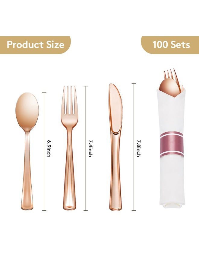 Goodluck 100 Pack Pre Rolled Rose Gold Plastic Silverware, Wrapped Cutlery Set with Napkin Include 100 Forks, 100 Knives, 100 Spoons and 100 Napkins, Fancy Disposable Silverware for Party, Wedding - Image 3