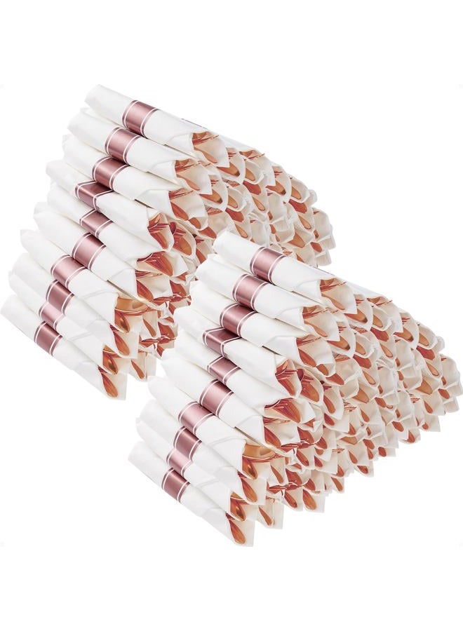 Goodluck 100 Pack Pre Rolled Rose Gold Plastic Silverware, Wrapped Cutlery Set with Napkin Include 100 Forks, 100 Knives, 100 Spoons and 100 Napkins, Fancy Disposable Silverware for Party, Wedding - Image 1