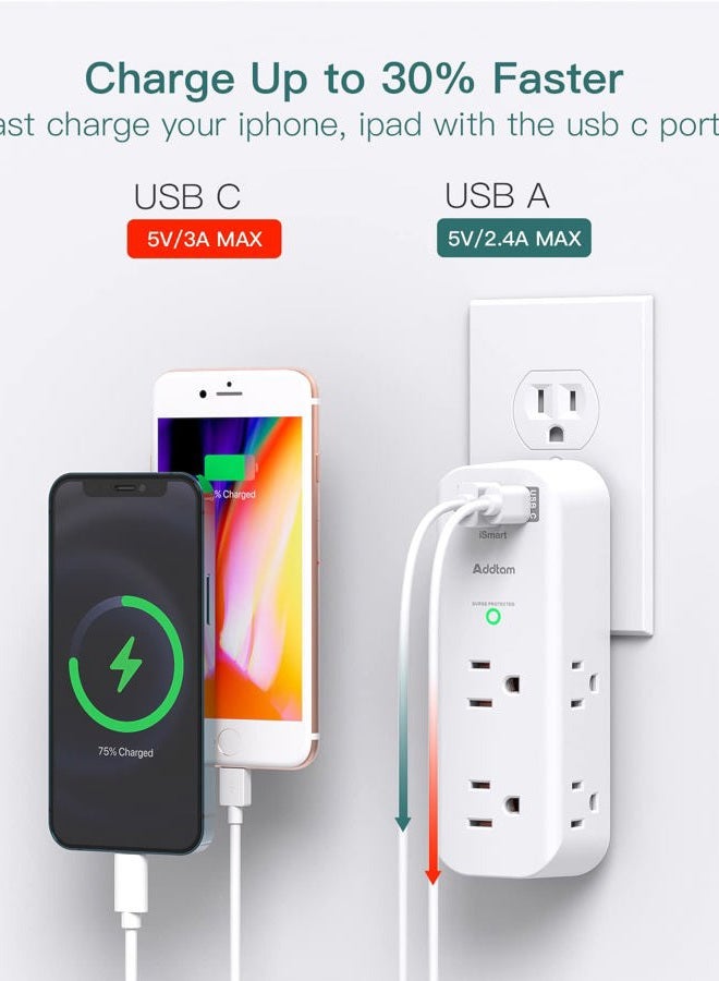 Addtam Surge Protector - Outlet Extender with Rotating and Multi Plug with 6 AC 3 USB Ports (1 USB C), 3-Sided Power Strip with Wall Adapter Charger for Home Travel Office, ETL Listed (1800J) - Image 5