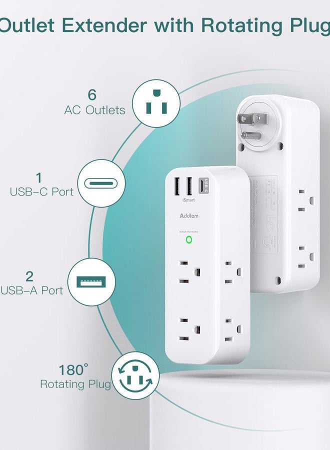 Addtam Surge Protector - Outlet Extender with Rotating and Multi Plug with 6 AC 3 USB Ports (1 USB C), 3-Sided Power Strip with Wall Adapter Charger for Home Travel Office, ETL Listed (1800J) - Image 2