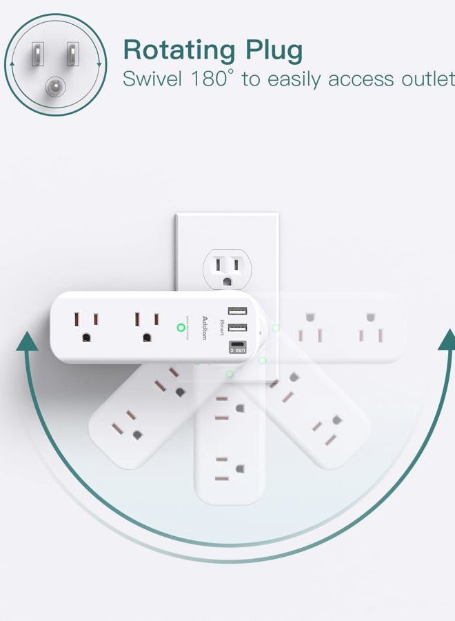 Addtam Surge Protector - Outlet Extender with Rotating and Multi Plug with 6 AC 3 USB Ports (1 USB C), 3-Sided Power Strip with Wall Adapter Charger for Home Travel Office, ETL Listed (1800J) - Image 3