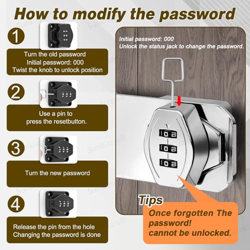 Sunkizzrs® 3-Digit Password Wardrobe Lock—Keyless Household Cabinet Locks—Combination Lock for Showcase—Zinc Alloy Twist Knob Hasp Latch Lock for Kitchen Drawers/Cabinets/Cupboard (Black, 3 Inch) - Image 3