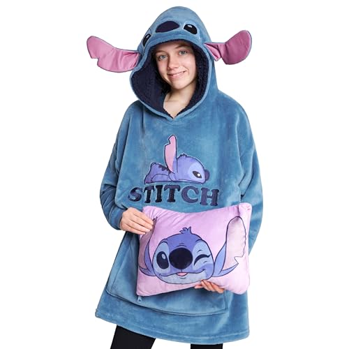 Disney Stitch 2in1 Blanket Hoodie for Kids Oversized Fleece Pullover with Sherpa Hood Folds into Travel Cushion Wearable Hoodie Blanket Loungewear Gift for Girls Boys Blue Stitch - Image 1