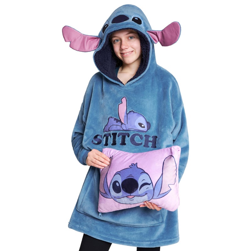 Disney Stitch 2in1 Blanket Hoodie for Kids Oversized Fleece Pullover with Sherpa Hood Folds into Travel Cushion Wearable Hoodie Blanket Loungewear Gift for Girls Boys Blue Stitch - Image 2
