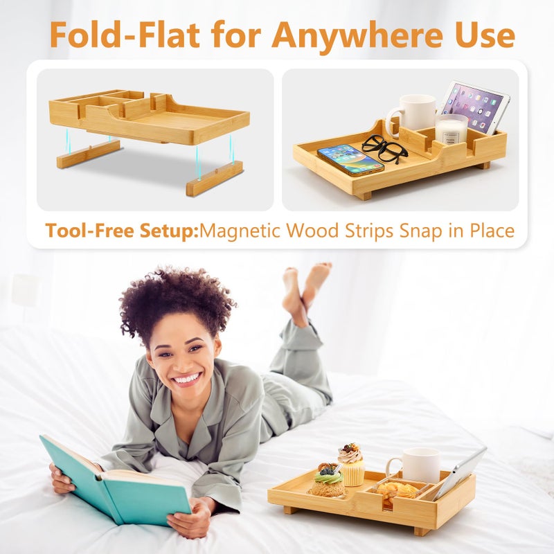 Acanacle Couch Tray Insert for Middle Seat, Bamboo Couch Table with 2 Cup Holders, Fits Armless Sofa & Sectionals, Fold-Flat Tray for Drinks, Snacks & Remotes, Natural Bamboo - Image 4