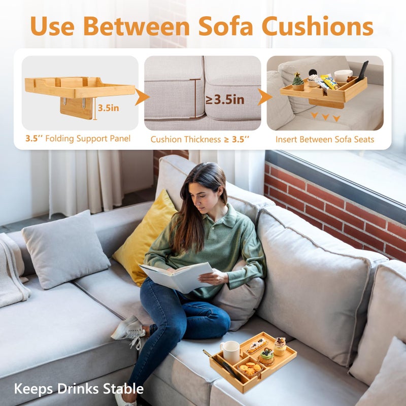 Acanacle Couch Tray Insert for Middle Seat, Bamboo Couch Table with 2 Cup Holders, Fits Armless Sofa & Sectionals, Fold-Flat Tray for Drinks, Snacks & Remotes, Natural Bamboo - Image 3